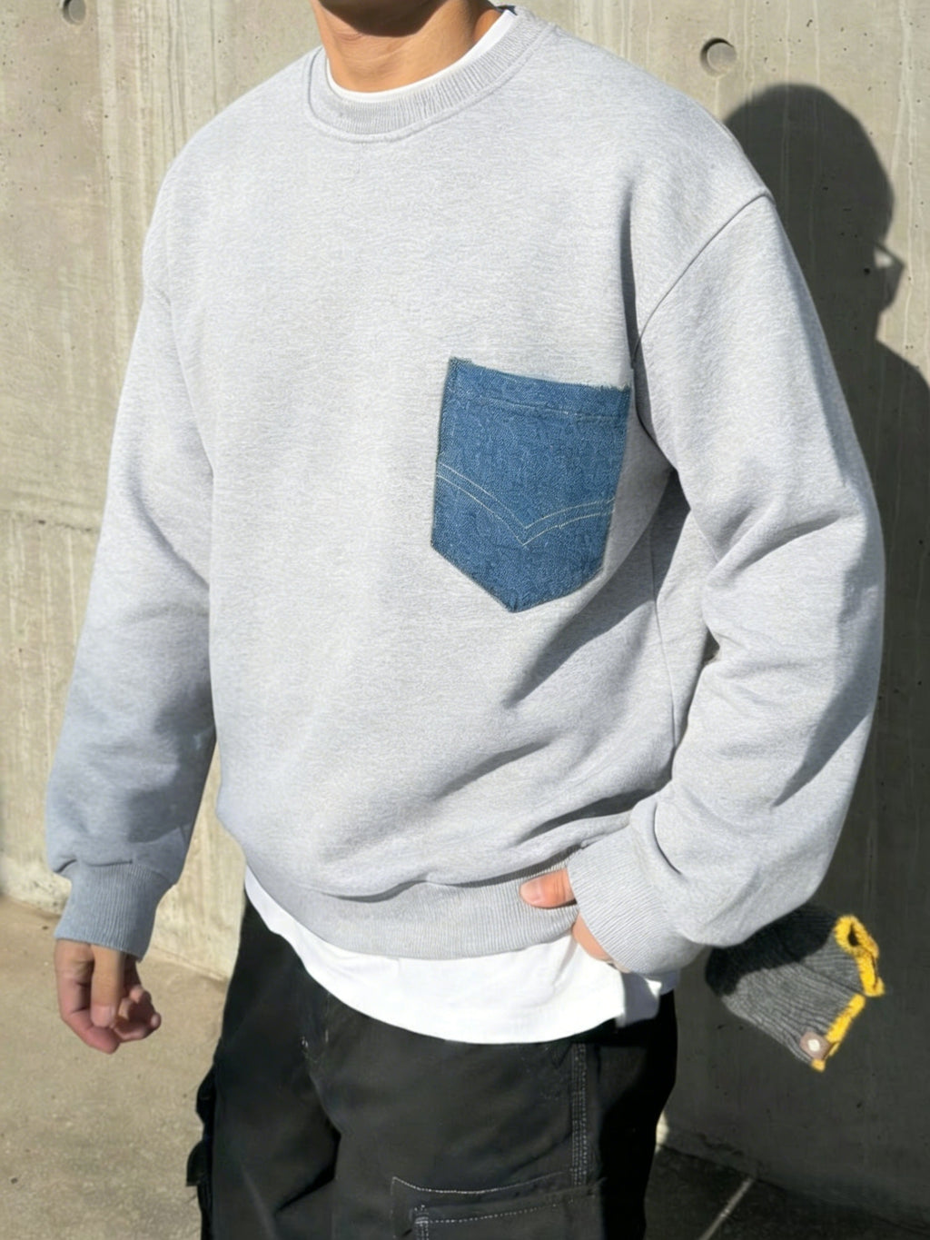 Black Crew Neck Sweatshirt with Faux Denim Patch Pockets, Perfect for Casual Everyday Wear - Light Grey