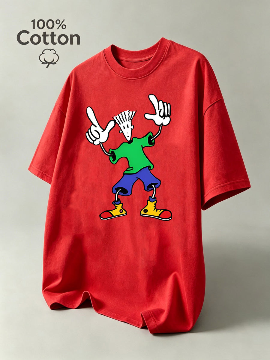 New Summer Cartoon Men's Casual Sport Fitness Pure Cotton Short-Sleeve Shirt, Moisture-Wicking and Sweat-Absorbing, Comfortable for Casual Streetwear and Outdoor Sports Fitness - Red