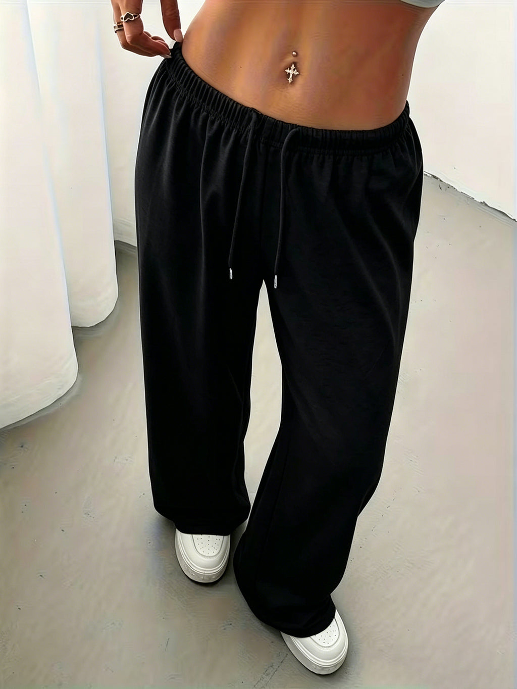 Drawstring Elastic Waist Wide Leg Sweatpants Women'S Loose Lazy Style Casual Versatile Long Pants - Black