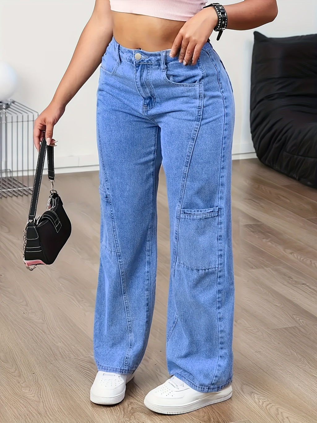 Women'S New Trendy Patchwork Multi-Pocket Wide-Leg Casual Denim Long Pants - Medium Blue