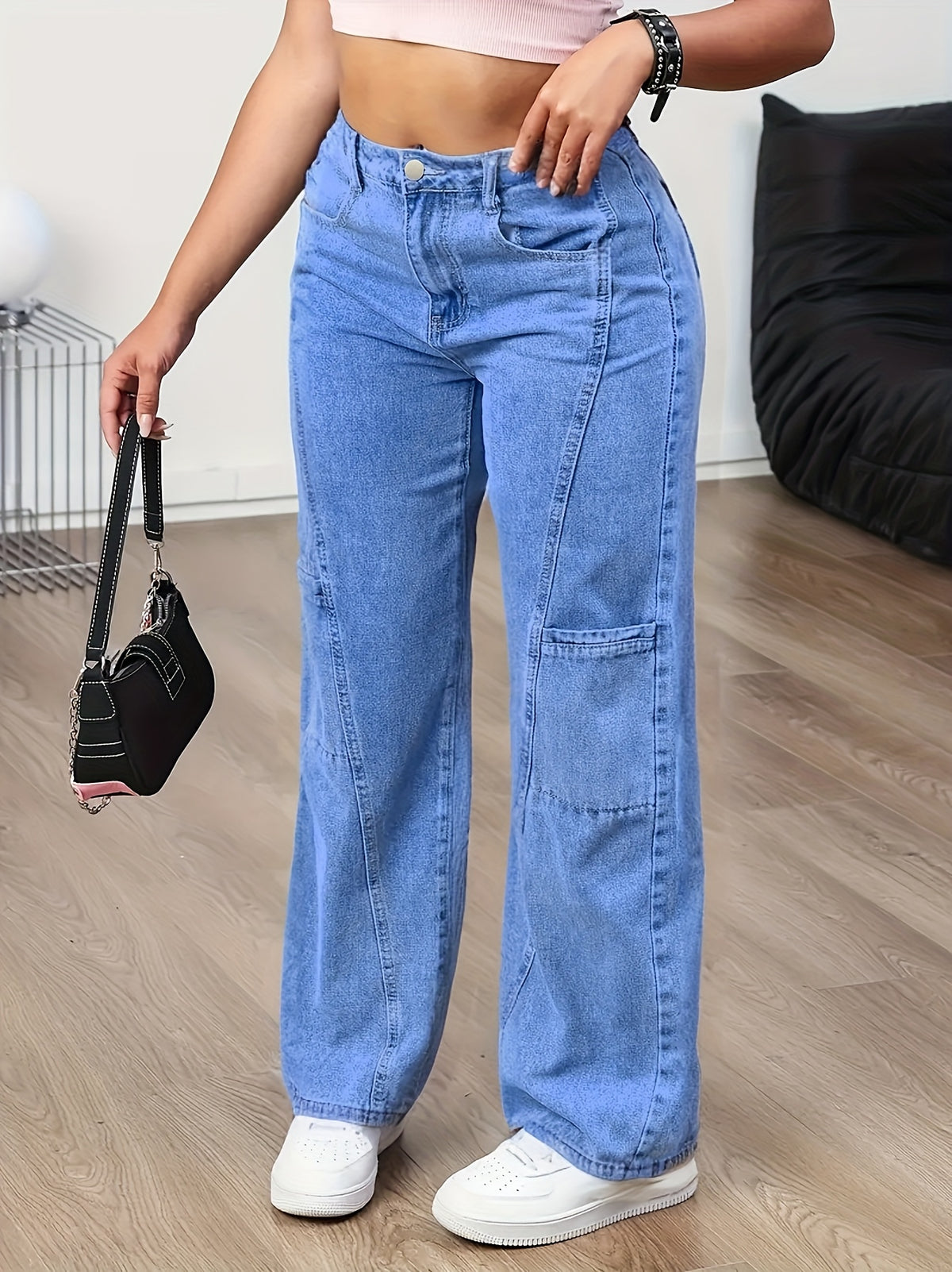 Women'S New Trendy Patchwork Multi-Pocket Wide-Leg Casual Denim Long Pants - Medium Blue