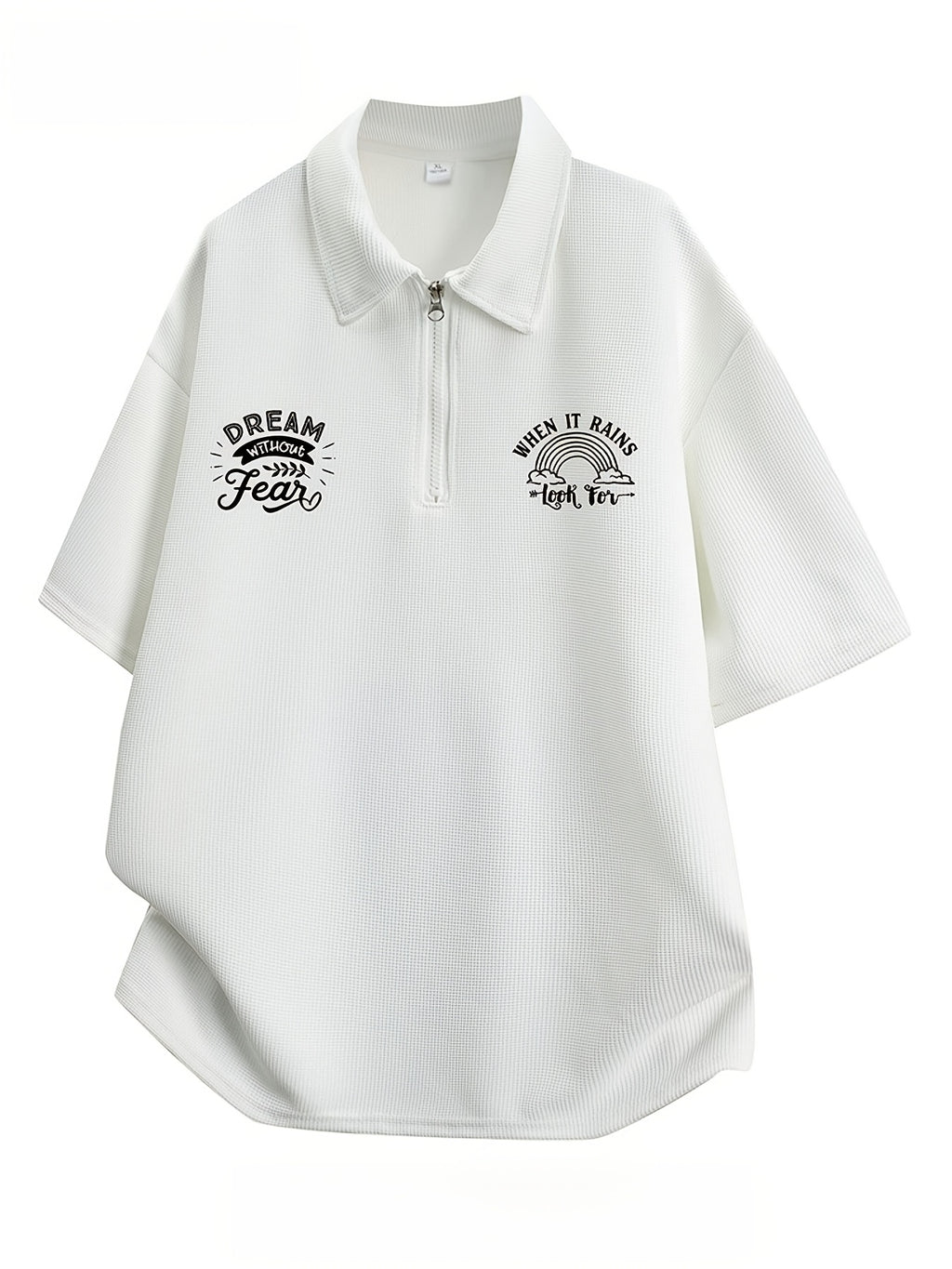 Men'S Waffle Half-Zip Polo Shirt, Casual Oversized Short Sleeve T-Shirt with Inspirational Print, Suitable for Street Style And Daily Wear - White