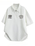 Men'S Waffle Half-Zip Polo Shirt, Casual Oversized Short Sleeve T-Shirt with Inspirational Print, Suitable for Street Style And Daily Wear - White