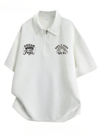 Men'S Waffle Half-Zip Polo Shirt, Casual Oversized Short Sleeve T-Shirt with Inspirational Print, Suitable for Street Style And Daily Wear - White