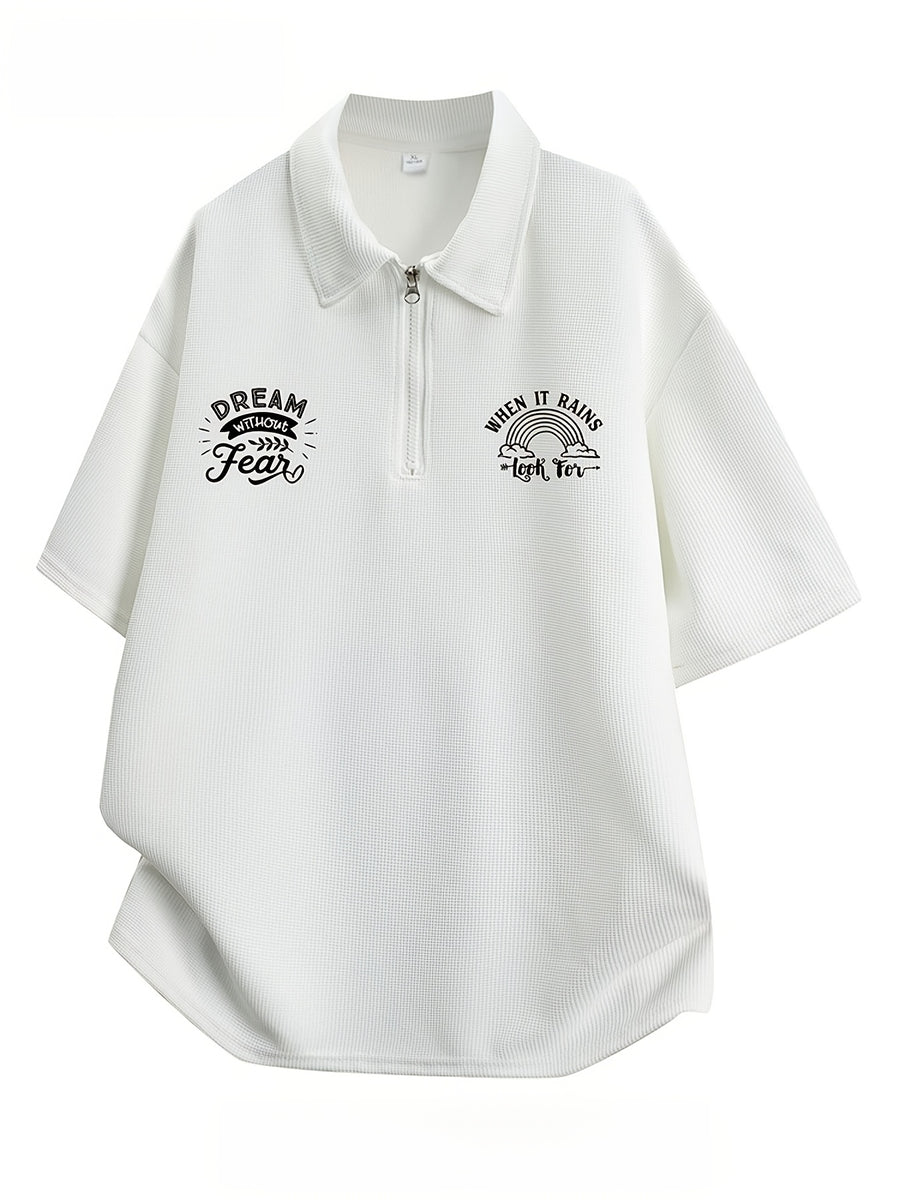 Men'S Waffle Half-Zip Polo Shirt, Casual Oversized Short Sleeve T-Shirt with Inspirational Print, Suitable for Street Style And Daily Wear - White