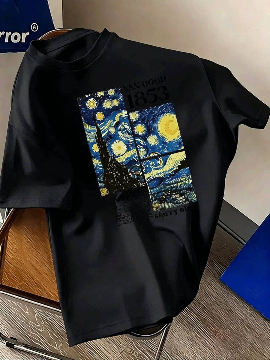 Men'S Short Sleeve Round Neck Top with Retro Starry Night Oil Painting Print, Artistic Trendy Street Style, Casual All-Season Wear, Unique Temperament Expression - Black
