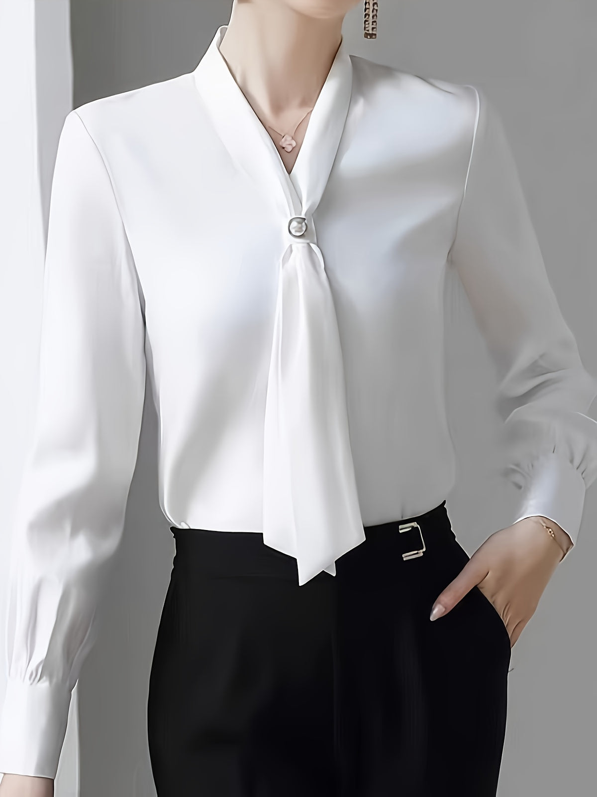 Chic  Elegant Chiffon Blouse with Beaded V-Neck and Tie Detail - Long Sleeve, Semi-Sheer, Machine Washable - Stylish  Workwear, Lace Embellished - White