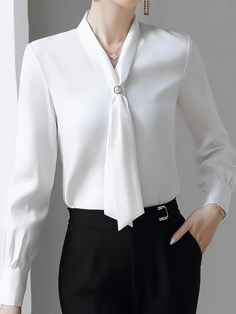 Chic Elegant Chiffon Blouse with Beaded V-Neck and Tie Detail - Long Sleeve, Semi-Sheer, Machine Washable - Stylish Workwear, Lace Embellished - White