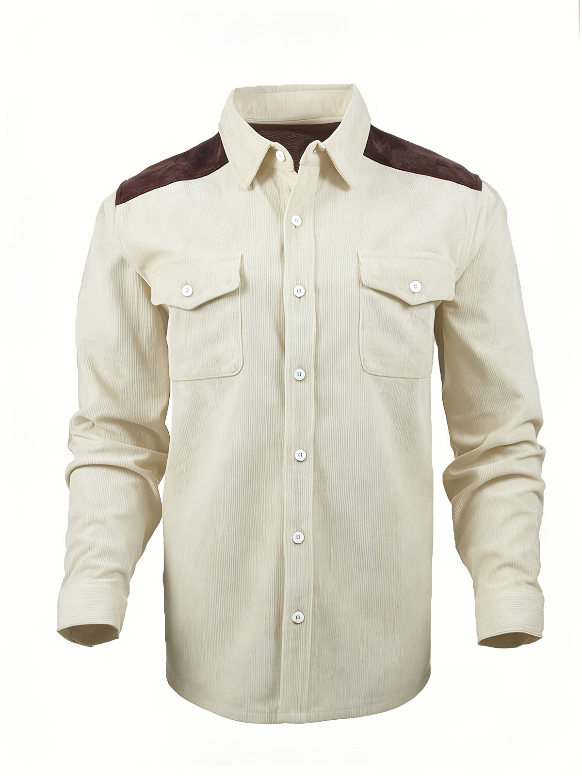 Men'S Retro Corduroy Shirt - Casual Long Sleeve Pocket Shirt, Brown Retro Style Jacket, Suitable for All Seasons, Lapel Design, Loose Fit Suitable for Layering Or Wearing Alone - Milky