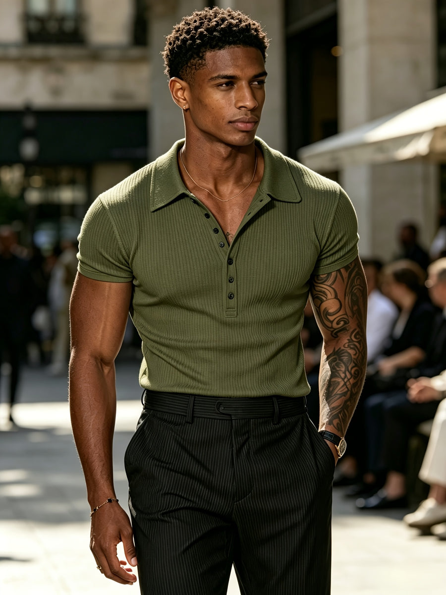 Pearson OBM Men's Summer Lightweight Black Knit Polo Shirt, Regular Fit Short Sleeve Top, European and American Streetwear Brand Slim Fit Base Layer - Olive Green