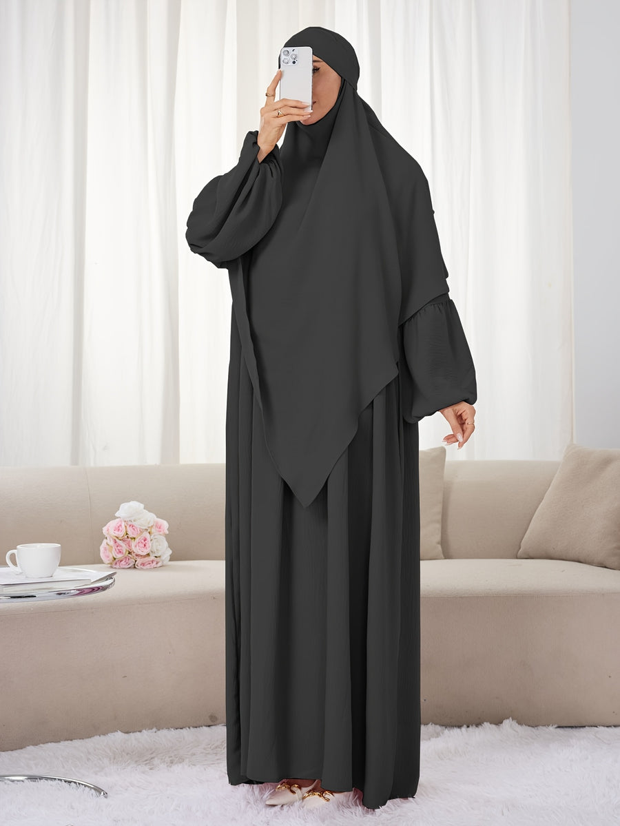 2pcs Set (Khimar And Abaya) Solid Color Muslim Prayer Outfit, Convenient Pullover Style with Lantern Sleeves And Waist Pleats, Paired with Matching Plain Headscarf Hijabs, Essential for Casual Outings, Fashionable Item Prayer Jilbab - Black