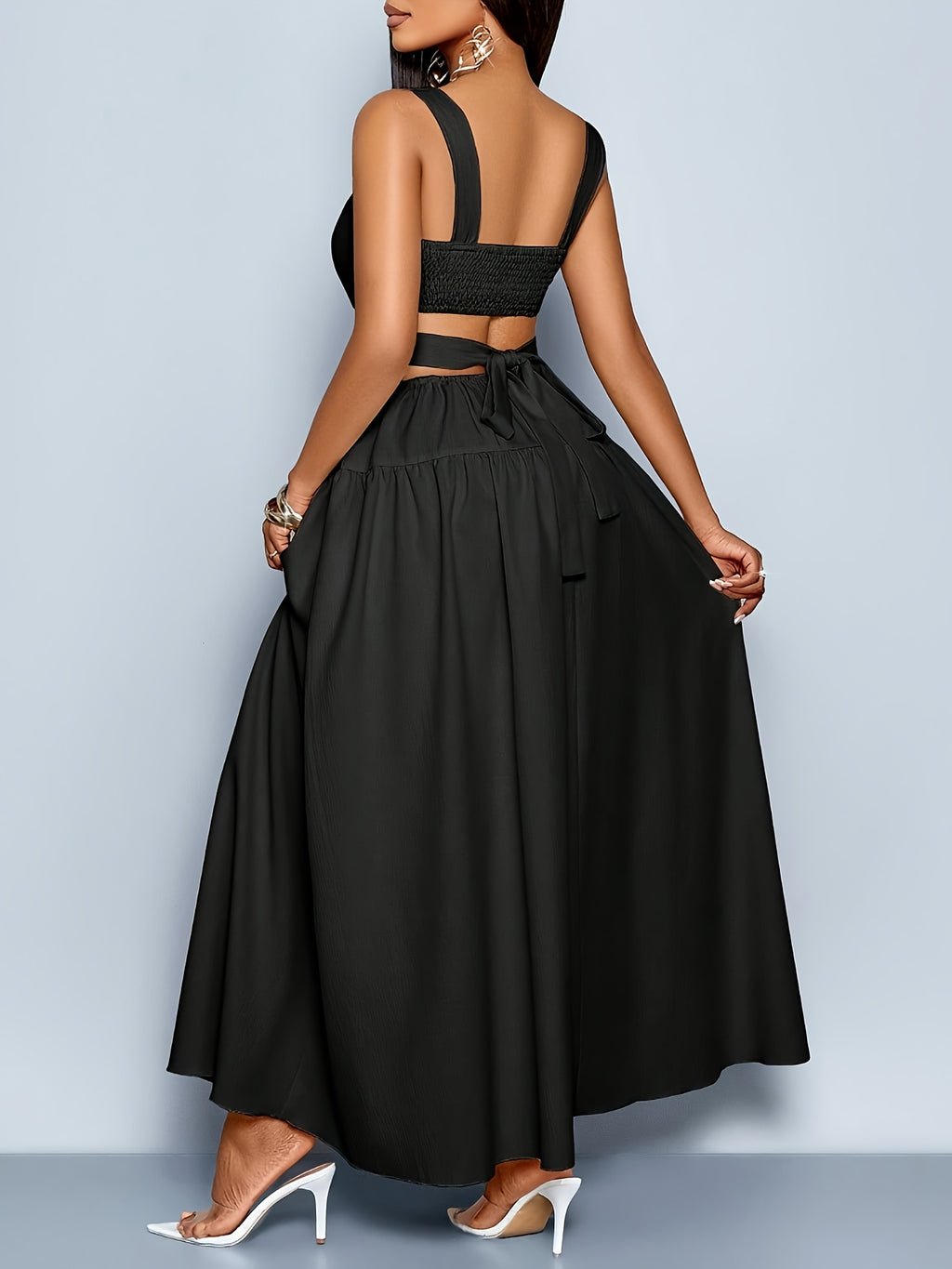 Women'S Elegant Square Neckline, Openwork Waist, Tie And Suspender Dress; Hawaiian Pleated Backless A-Line Skirt; Women'S Spring/Summer Dress; Elegant for Commuting, Casual Wear, Romantic Dates, Bridesmaid Dress - Black