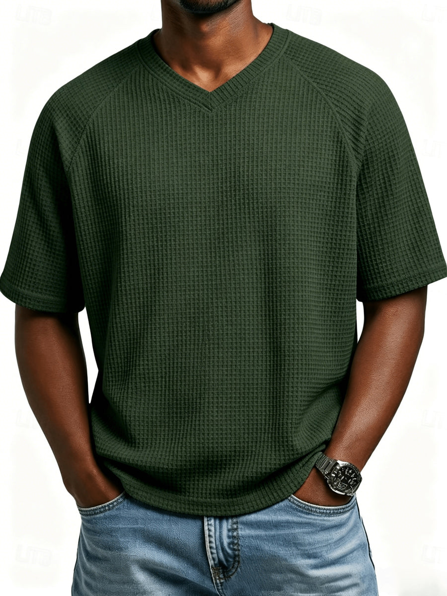 Men's Fashion Waffle Knit Raglan Sleeve V-Neck Short Sleeve Shirt, Men's V-Neck Short Sleeve T-Shirt, Chest Badge with Contrast Color Label, Stylish and Aesthetic - Olive Green