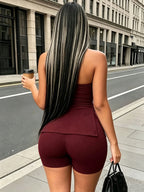 Women's Spicy Style Pinstripe Bodycon Bodysuit Set, Side Slit Slim-Fit Strapless Bodysuit Top + High-Stretch Tight-Fitting Shorts 2pcs Set, American Vintage Y2K Street Style, and Versatile, for Daily Commuting / Dates / Outings, Wearable as a Casual - Burgundy