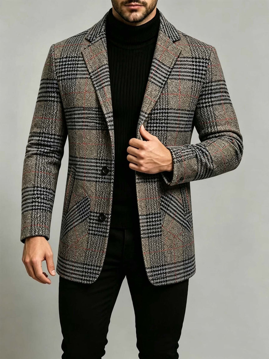 British Retro Check Men'S Overcoat Suit Lapel Single-Breasted Slim Fit Jacket Autumn Winter Casual Men'S Wear Polyester 90.7 Other 9.3 PP - Khaki