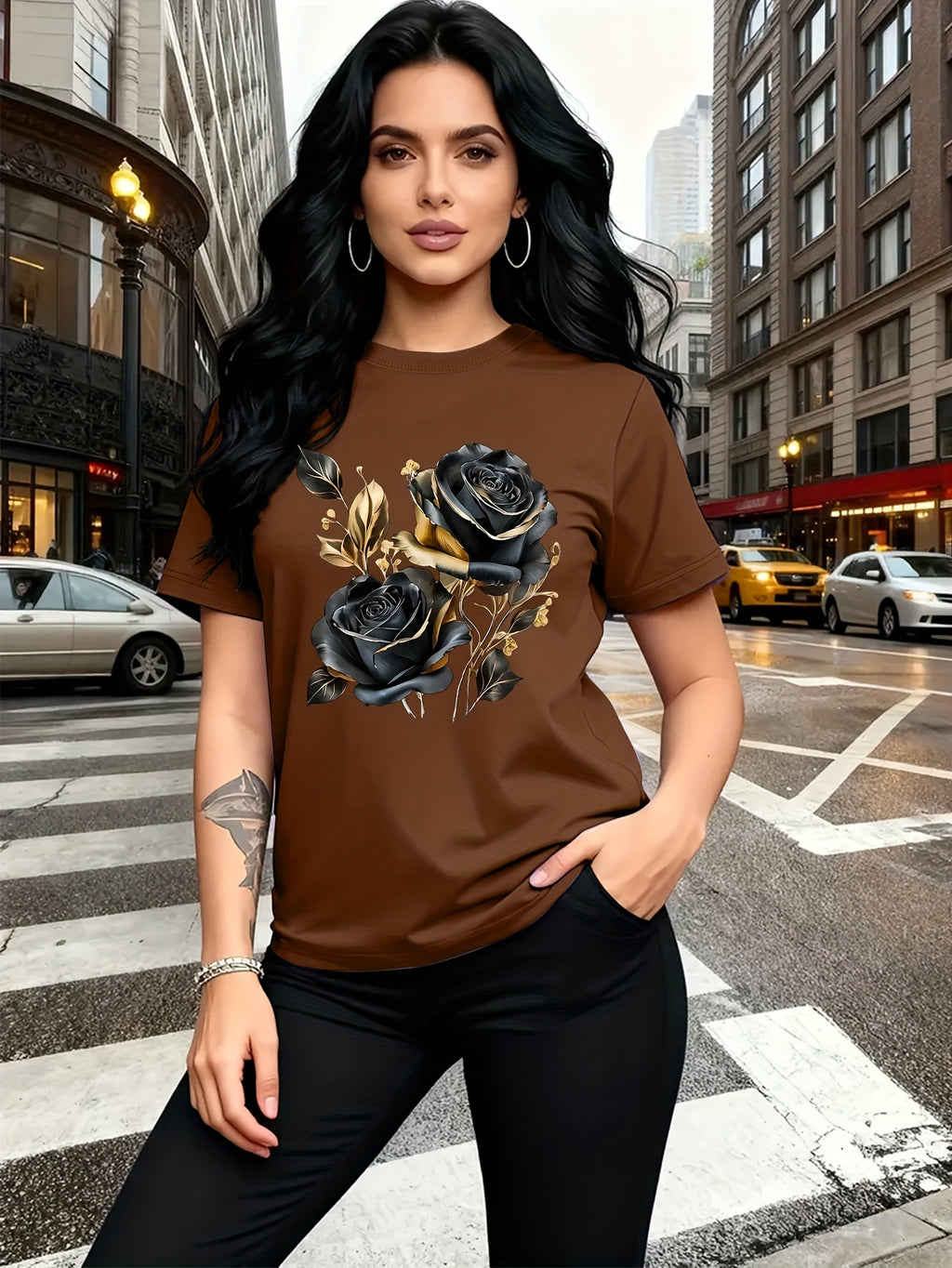 A Stylish And Breathable T-Shirt Featuring a Luxurious Vintage Design with a Black And Golden Rose Pattern, Perfect for Family Trips, Campus Events, Casual, Daily Commutes, Matching Outfits for Sisters, And Versatile Wear - Brown