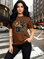 A Stylish And Breathable T-Shirt Featuring a Luxurious Vintage Design with a Black And Golden Rose Pattern, Perfect for Family Trips, Campus Events, Casual, Daily Commutes, Matching Outfits for Sisters, And Versatile Wear - Brown