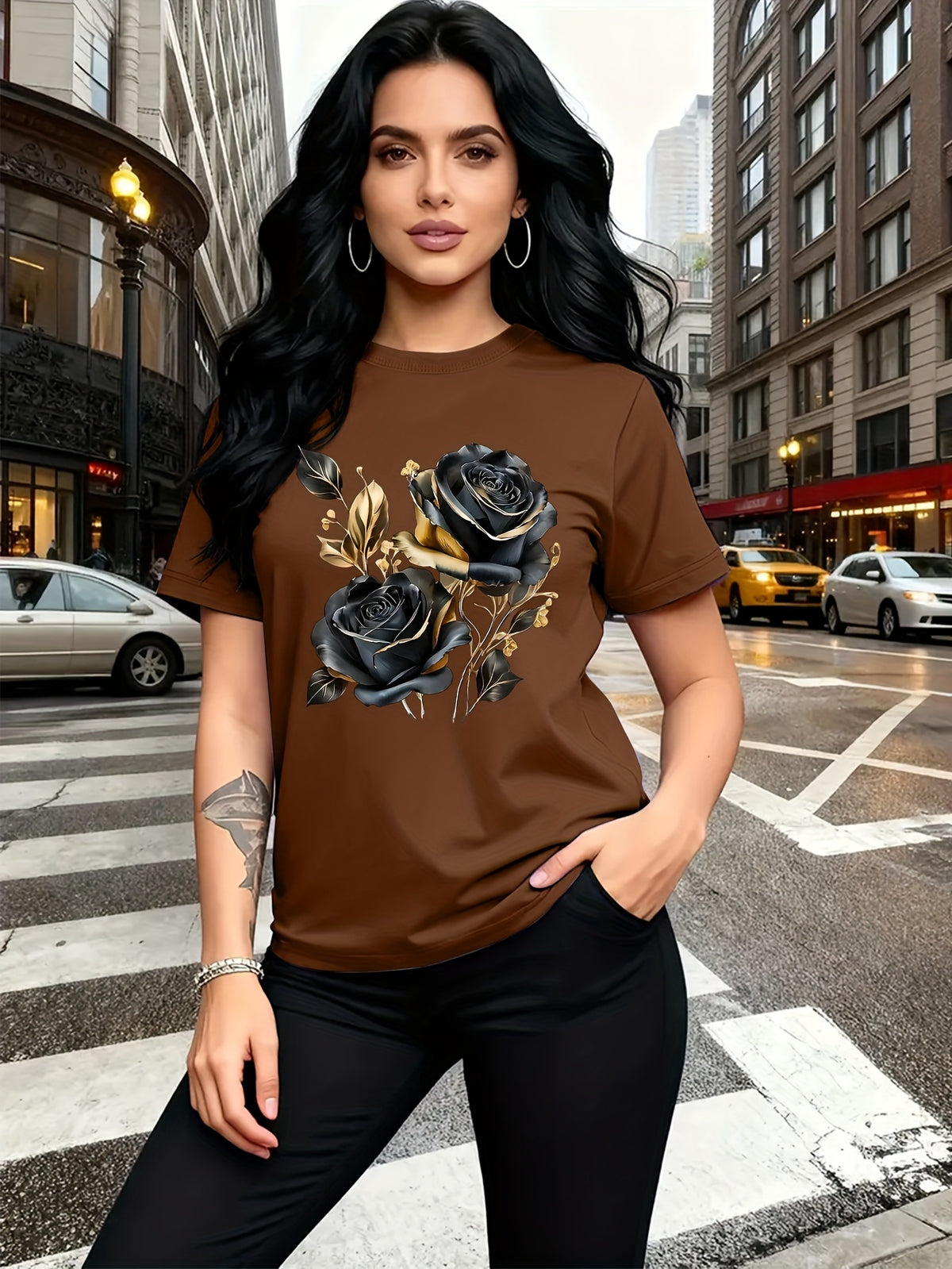 A Stylish And Breathable T-Shirt Featuring a Luxurious Vintage Design with a Black And Golden Rose Pattern, Perfect for Family Trips, Campus Events, Casual, Daily Commutes, Matching Outfits for Sisters, And Versatile Wear - Brown