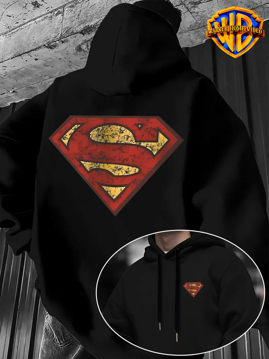 WB Warner Bros Official Superman Vintage Hoodie - Men's & Unisex Distressed Shield Logo Sweatshirt with S-Shield Back Print, Adjustable Hood, Loose Fit, Double-Sided Iconic WB Logo & Superman Emblem for Casual Wear, Machine Washable Warmth - Black