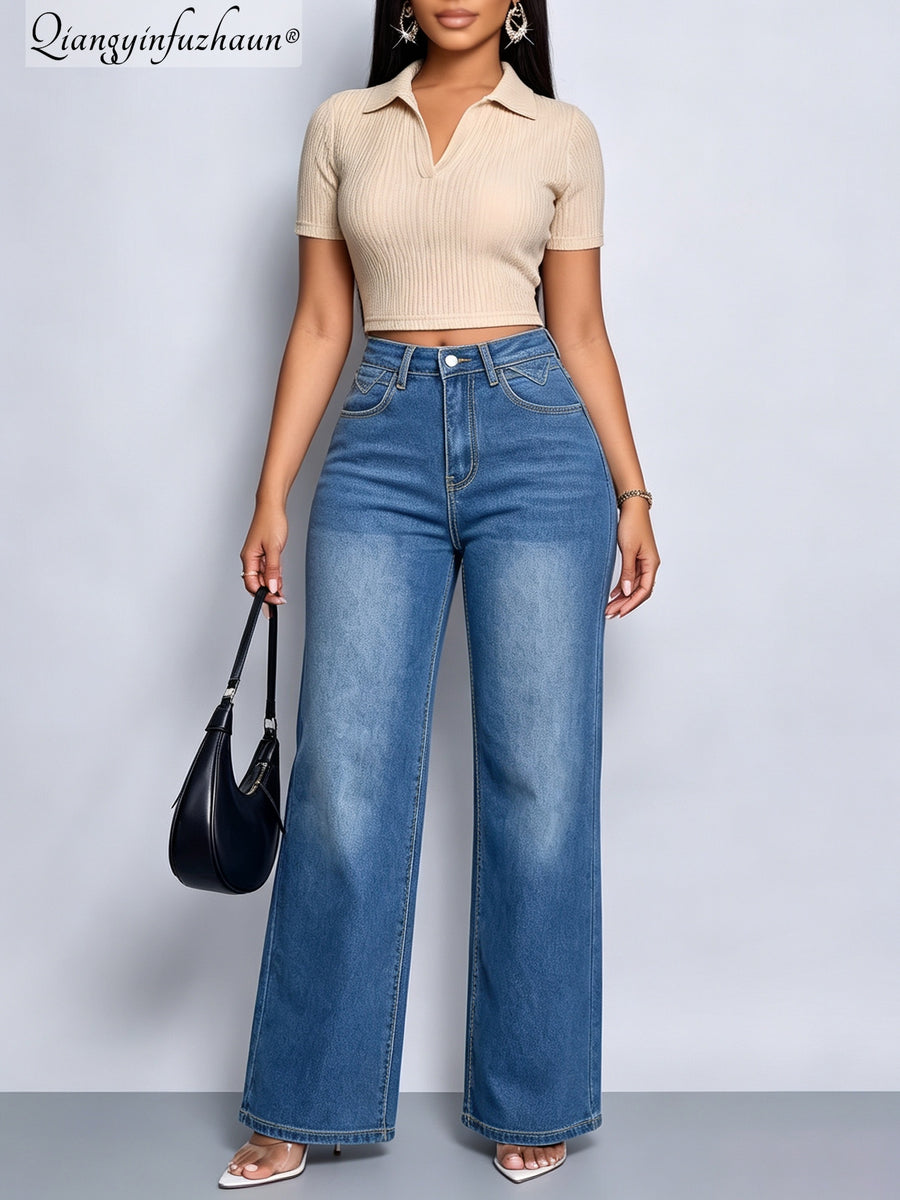 Women's Ombre Light Blue High-Waist Wide-Leg Jeans, Stretchy Vertical Loose Straight-Leg Trousers, Versatile Pants for Leg Shaping, Commuting, Casual Outings, and Travel - Light Blue