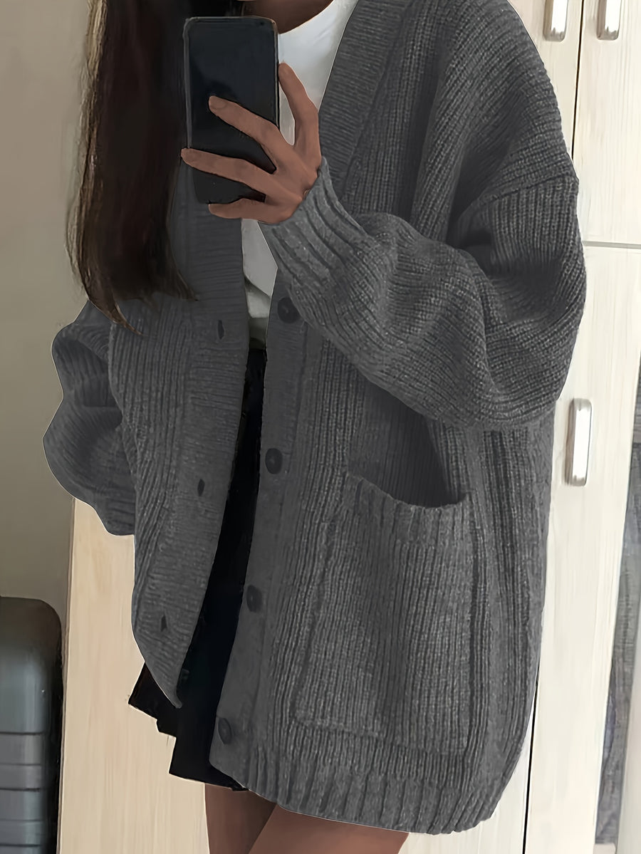Casual V-Neck Single-Button Sweater Women'S Autumn Winter Cardigan - Grey