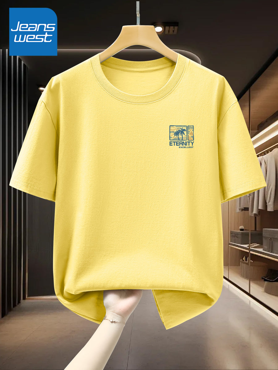 100% Men'S Summer Casual T-Shirt, Loose Fit - Light Yellow