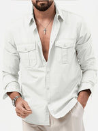 Men'S Multicolor Dress Shirt Multi-Pocket Casual Long Sleeve Top - White