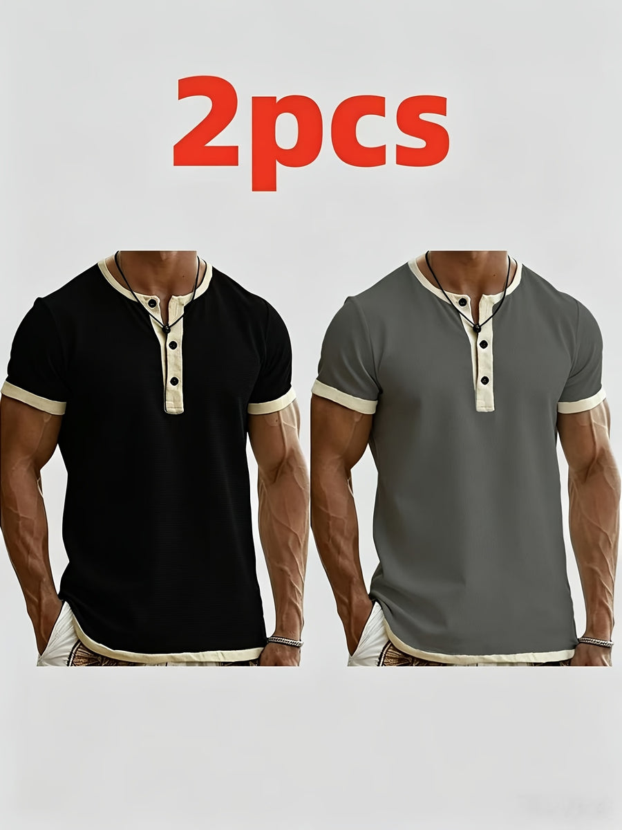 2pcs Men'S Henley Short-Sleeve T-Shirt, Slim-Fit Casual Top, Contrast Color Design, Ideal for Pool Parties, Beach Vacations, And As a Gift for Beachwear, Daily Commute, Casual, Lazy - Black+gray