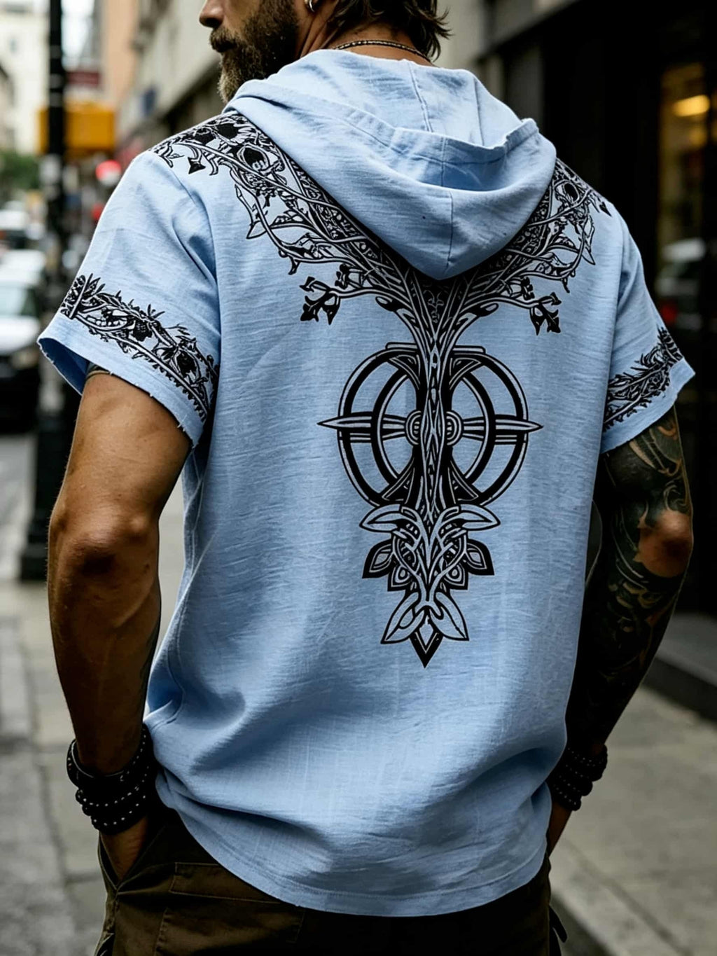 Men's Tree of Life Hooded T-Shirt - European & American Streetwear Style Short-Sleeve Top with Hood, Tree of Life Print, Machine Washable Regular Fit Casual Shirt Suitable for Casual Attire, Brand Label - Light Blue