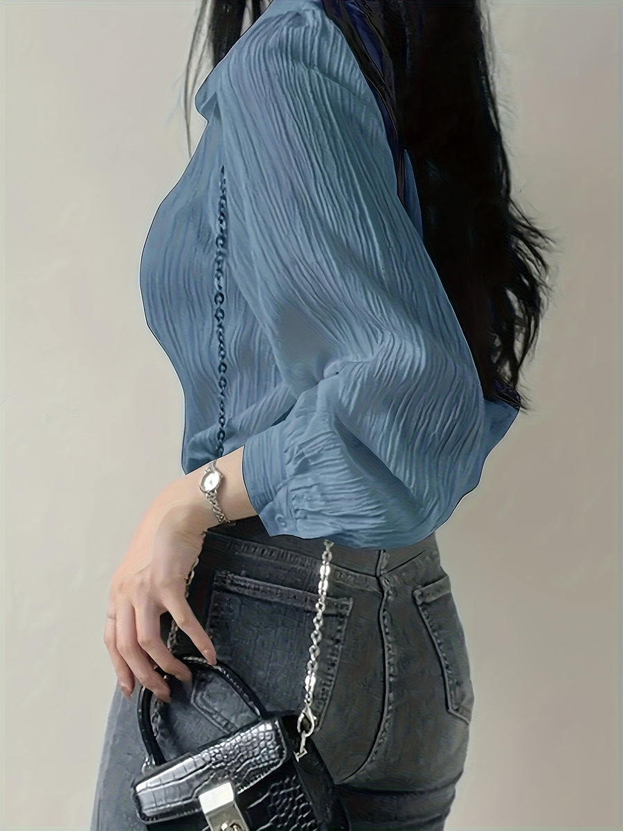 Solid Color Shirt Women'S French Long Sleeve Blouse Jacket Autumn Winter Thin Women'S Clothing Design-Oriented Shirt Top - Vibrant Blue