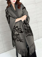 Pure Body Bust" Elegant Special Edition - 1pc Autumn/Winter New Arrival Women's Cardigan, Chinese Style Jacquard Color-Block Thickened Warm Windproof Batwing Sleeve Open Front Knitwear, Women's Elegant, Fashionable, and Versatile Fringe Shawl Sweater - Grey