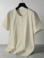 Men'S Summer -Linen Half-Zip Short Sleeve T-Shirt - Khaki