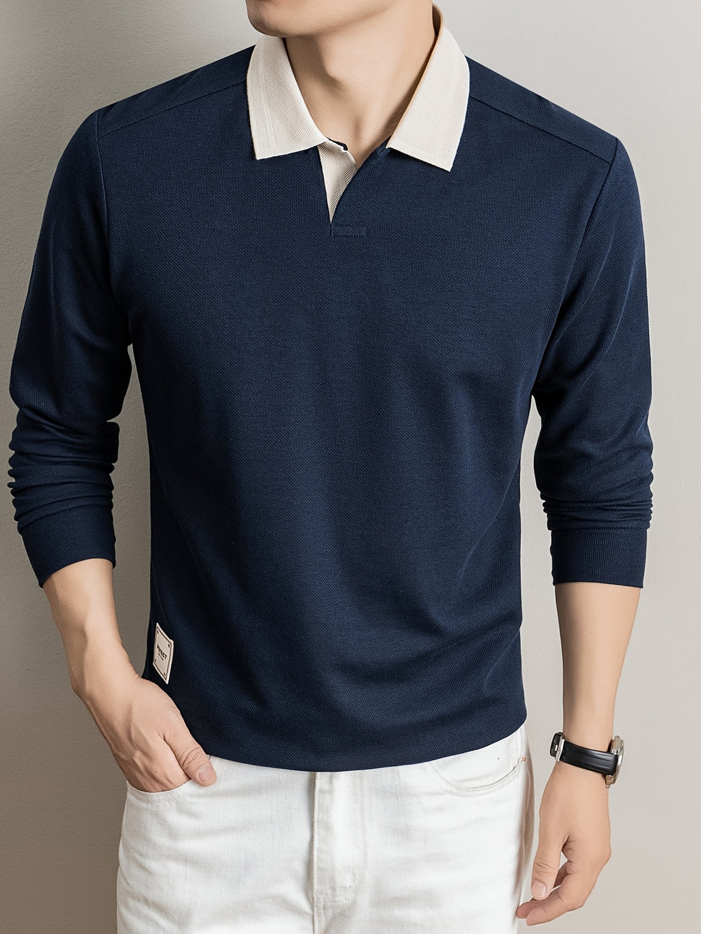 2026 Autumn Men'S Long Sleeve T-Shirt Casual Solid Color Seagull Collar Lapel POLO Shirt - Navy Color