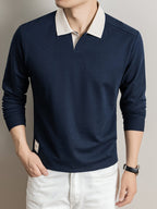 2026 Autumn Men'S Long Sleeve T-Shirt Casual Solid Color Seagull Collar Lapel POLO Shirt - Navy Color