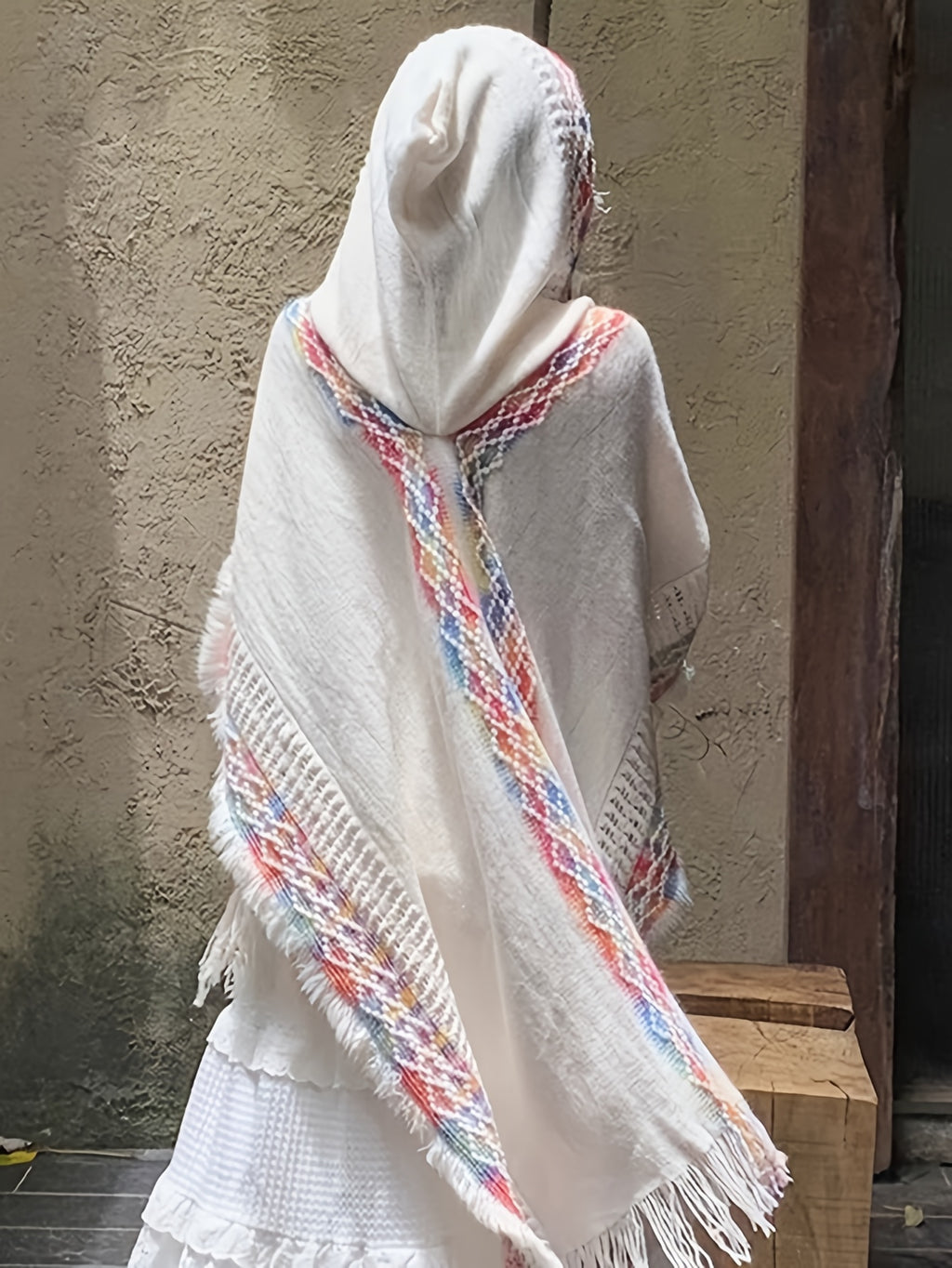 Women's Hooded Shawl, Hollow-Out Fringe Cape Coat, Ethnic Style Color Block Hooded Travel Shawl, Loose Fit Cape, Unique Design Niche Hooded Fringe Shawl, Outerwear Ethnic Style Cape Coat with Hood, Hollow-Out Fringe Shawl for Women - White