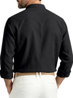 Men's Spring/Autumn Linen Loose-Fit Casual Simple Breathable Button-Front Roll-Up Sleeve Long-Sleeve Stand Collar Shirt - Black