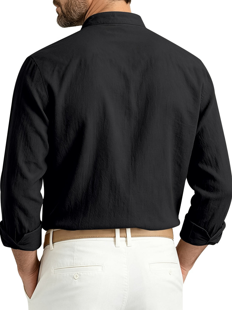 Men's Spring/Autumn Linen Loose-Fit Casual Simple Breathable Button-Front Roll-Up Sleeve Long-Sleeve Stand Collar Shirt - Black