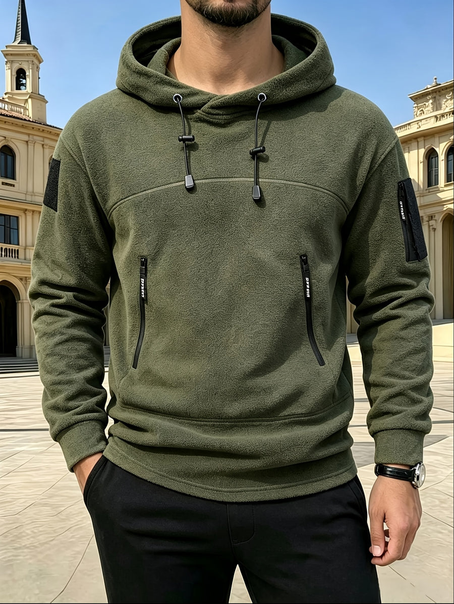Men's Polar Fleece Tactical Hoodie, Long Sleeve Pullover Hooded Sweatshirt with Multi Zipper Pockets, Casual Outdoor Warm Hooded Top for Daily Hiking Travel - Olive Green