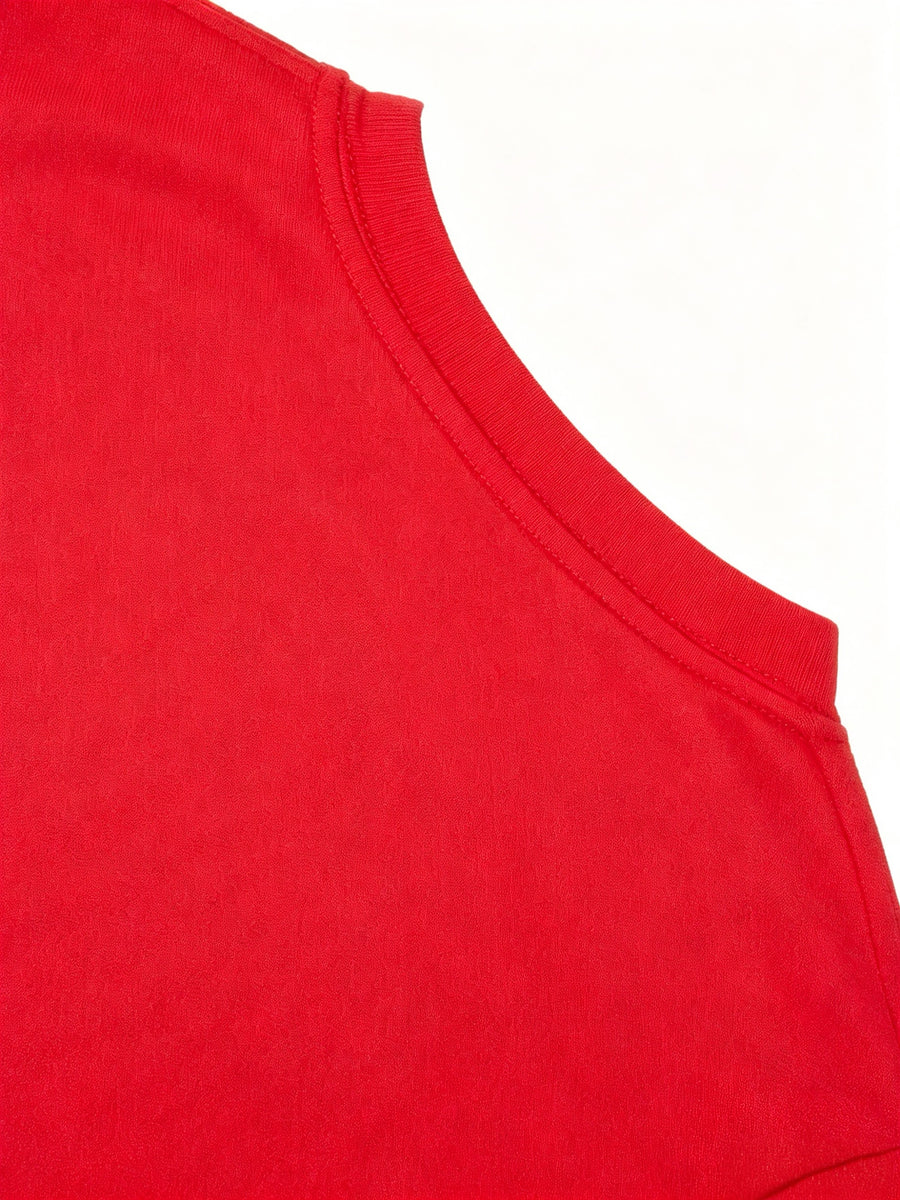 Adult Round Neck T-Shirt Trendy Golden Badge Striped Print Top Casual Outing Fan Gathering Leisure All-Match Breathable Pullover Sweater - Red