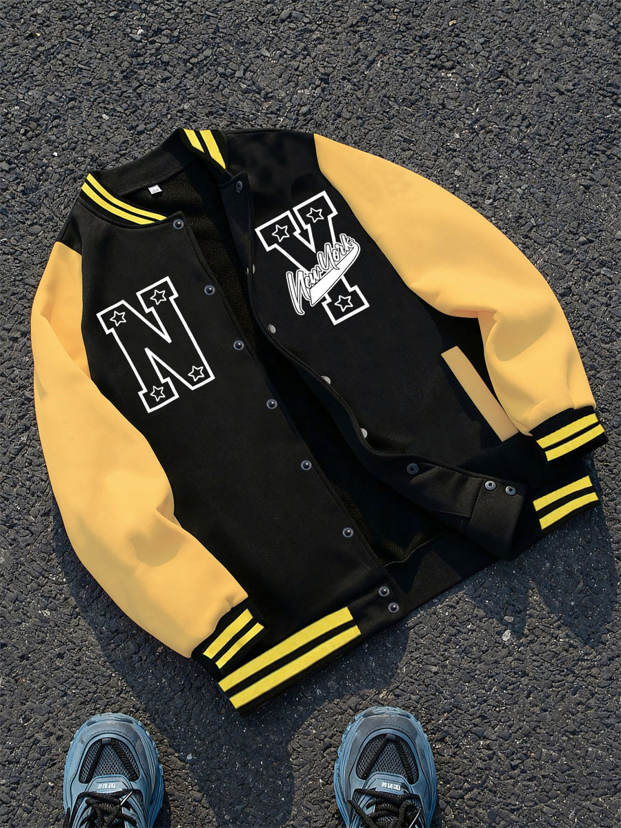 Black and Gray Color-block Baseball Jacket Featuring a "NY" Logo, a Classic Symbol of New York City Culture, Paired with Star Embellishments and the "Vandals" Text. "Vandals" Is Often Associated with Streetwear Style, Enhancing Individuality. - Black And Yellow