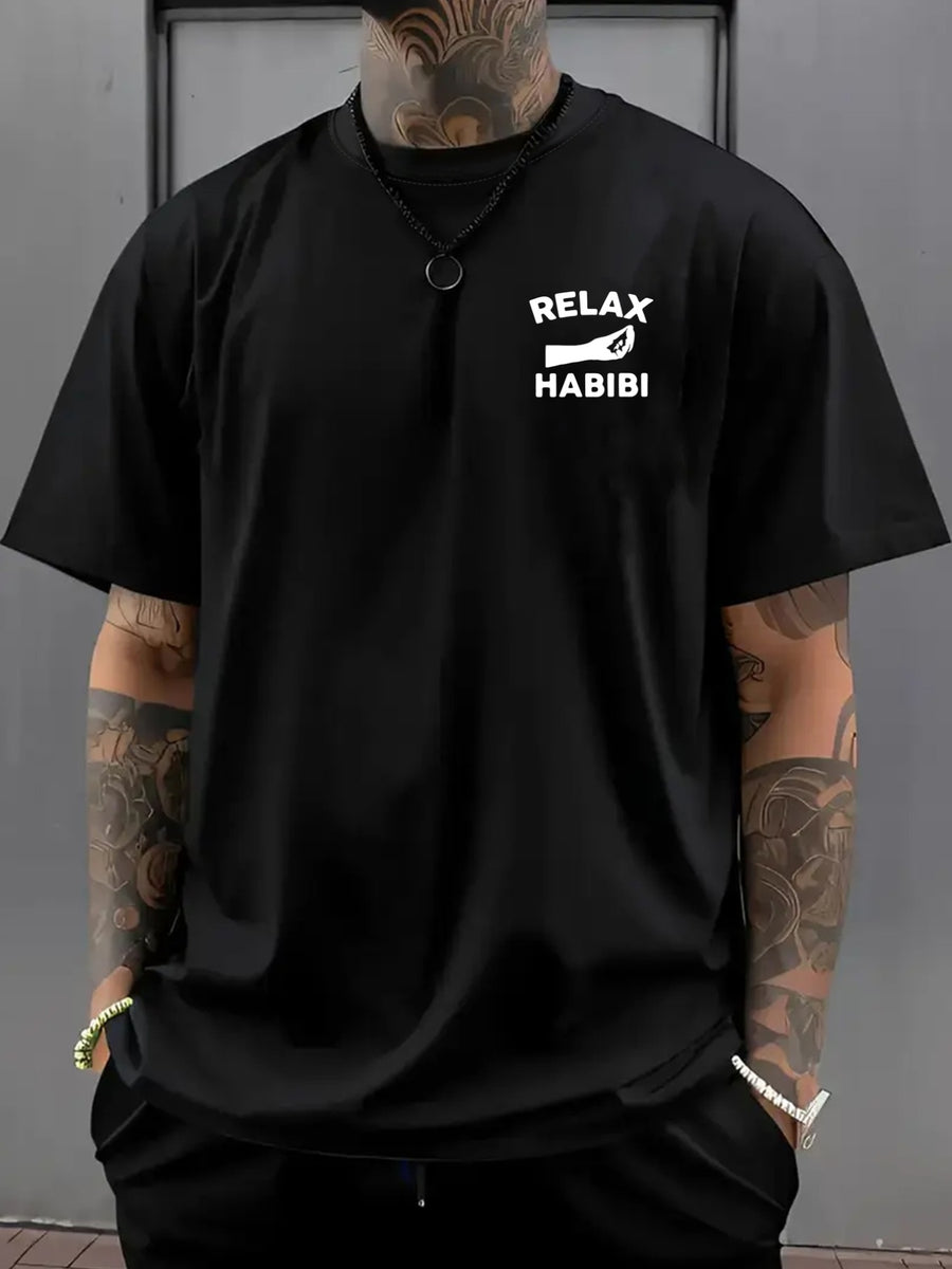 Men's Drop-Shoulder T-Shirt, RELAX HABIBI, Arabic Double-Sided Print Men's Loose Fit T-Shirt, New Trendy Style Men's Apparel, 1pc Men's Essential Front and Back Print Fashionable Short-Sleeve Tee, for Daily Casual and Sports Wear - Black