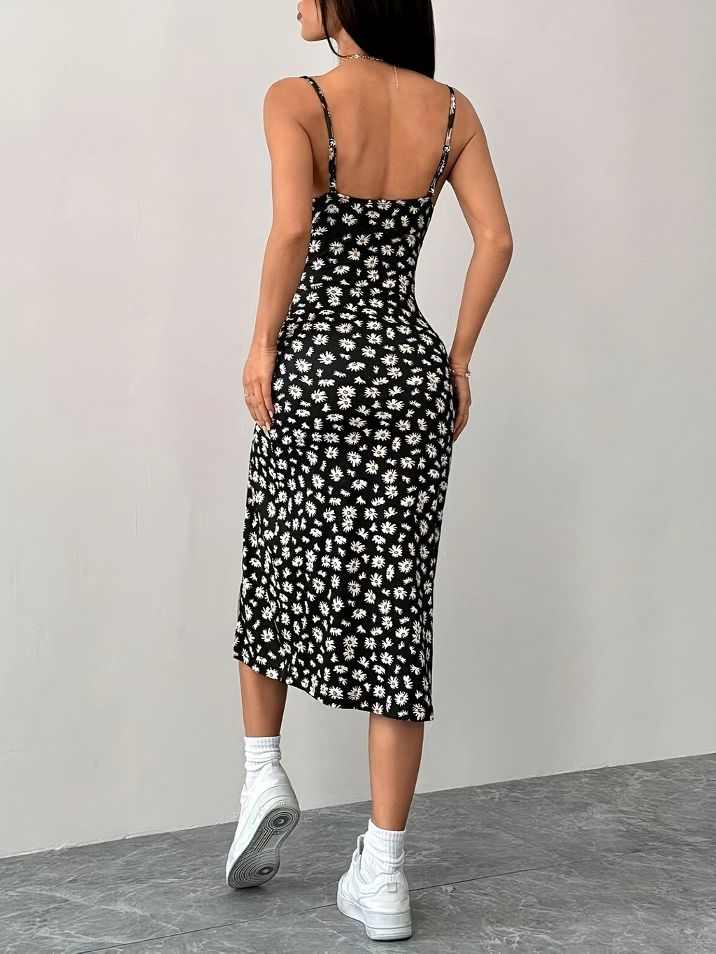 A Summer Dress for Women with a Side Slit And Thin Straps, Featuring a Floral Pattern - Black