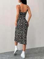 A Summer Dress for Women with a Side Slit And Thin Straps, Featuring a Floral Pattern - Black