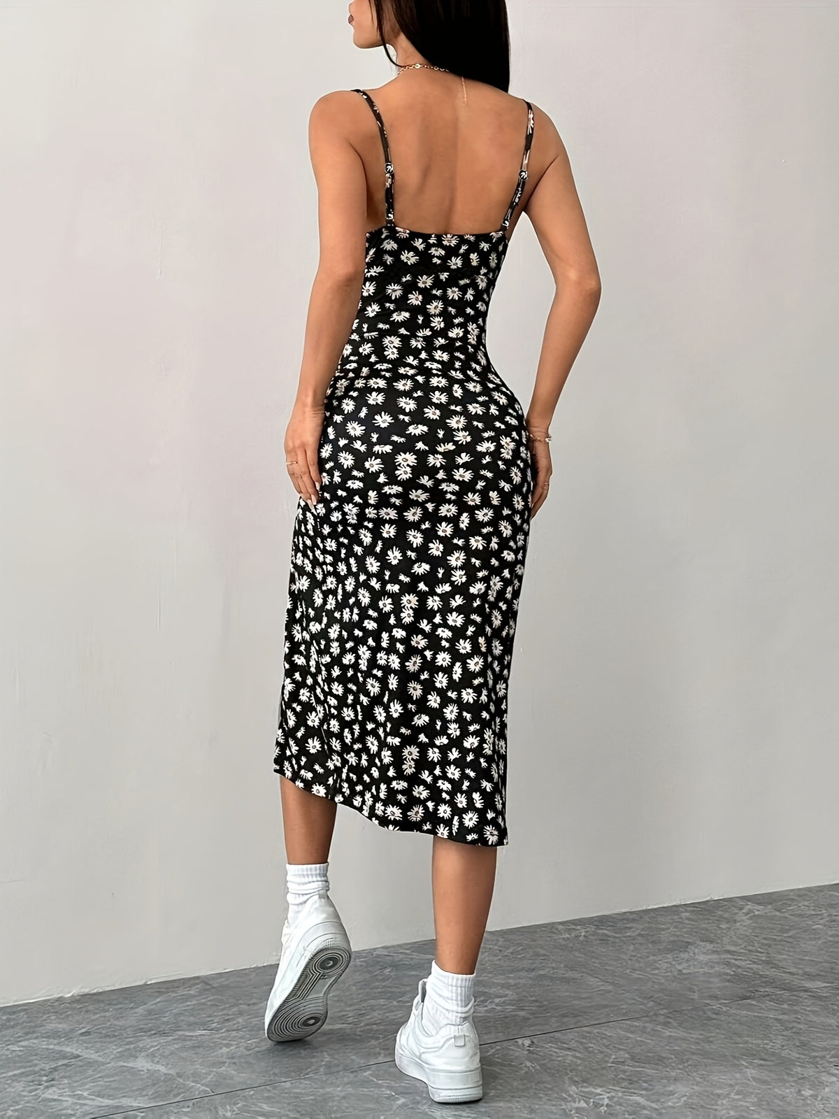 A Summer Dress for Women with a Side Slit And Thin Straps, Featuring a Floral Pattern - Black
