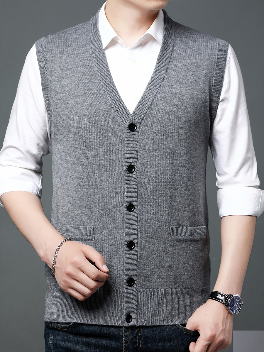 Autumn Winter Men'S Knit Cardigan Vest Men'S Casual Solid Color Pocketed Knit Vest Men'S V-Neck Open Front Sleeveless Sweater - Grey
