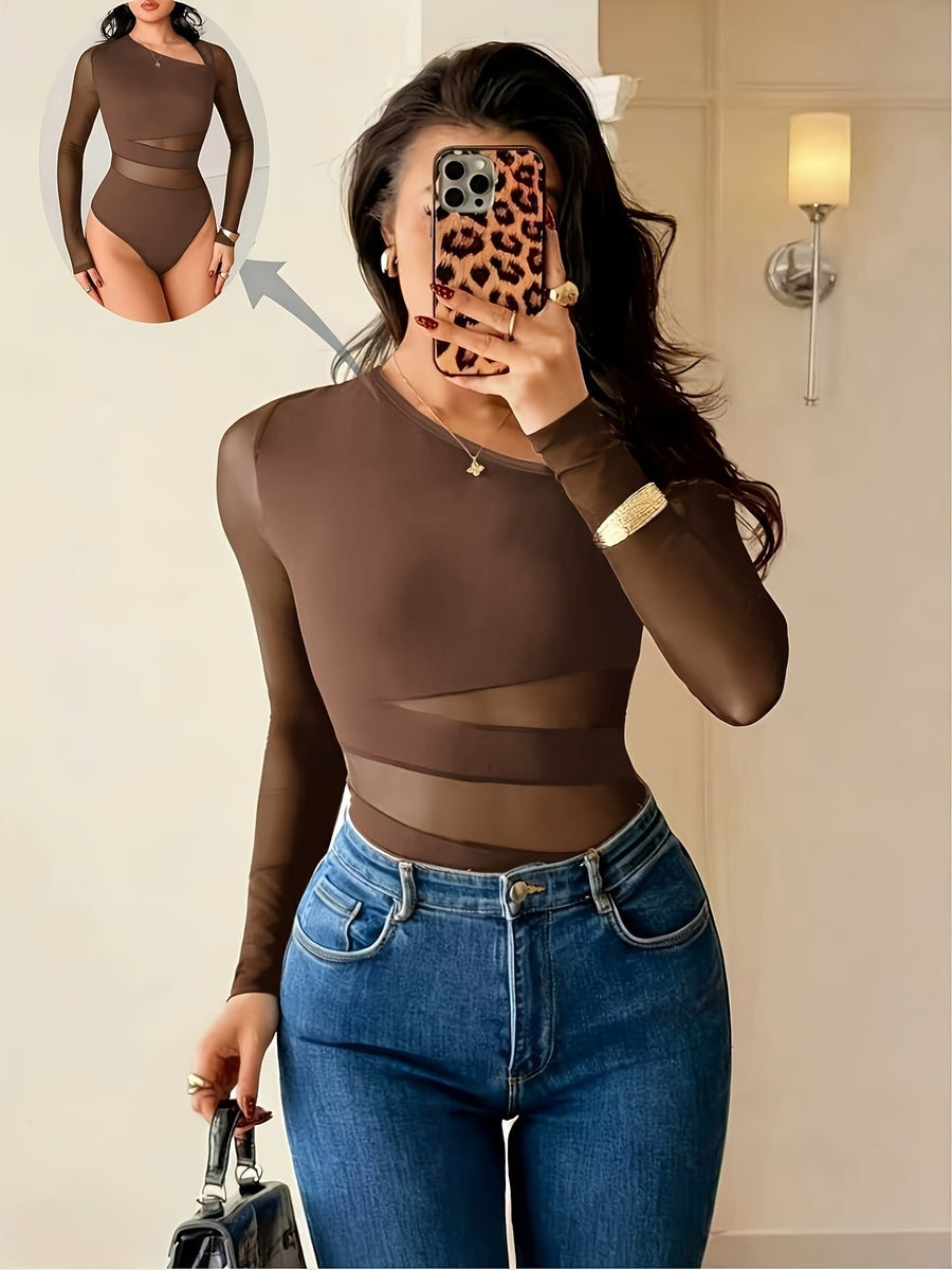 New Women'S Fashionable Solid Color Summer Elegant Sexy Asymmetrical Neckline Mesh Patchwork Long-Sleeved Bodysuit, Round Neck Bodysuit, Mesh Patchwork Slim Fit Bodysuit, Suitable for Women to Wear in Spring And Summer, See-Through Bodysuit - 【Brown】