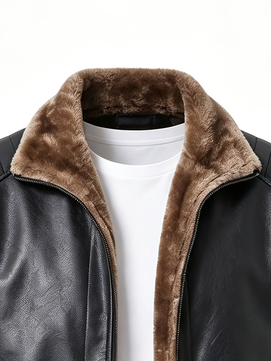 DIFFELEMENT 1pc Men'S Fleece-Lined Thickened Jacket Warm Windproof Cold-Resistant PU Scratch-Resistant Wrinkle-Resistant Plush Lining Ribbed Cuffs Stand-Up Collar Zippered Cardigan Regular Retro Biker Style Men'S Outerwear Autumn Winter Daily Casual - Black