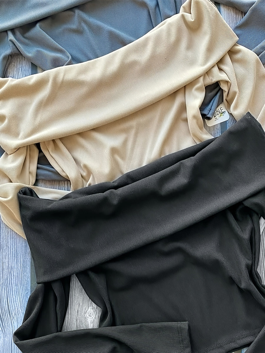 Off-the-Shoulder Long Sleeve Top 3pcs Set, Solid Color Fold-Over Off-Shoulder Crop Base Layer, Figure-Hugging Hot Long Sleeve T-Shirt. Soft Stretchy Fabric, Highlights Shoulder and Neck Lines, Waist-Defining Cut, Multi-Color Combination Set - Dark Gray + Oatmeal + Black