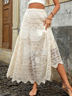Women's Lightweight Lace-Embellished Semi-Sheer Midi Skirt - Stretchy Polyester & Elastane Blend, Casual Chic All-Season Skirt for Beach, Brunch & Casual Outings - Apricot
