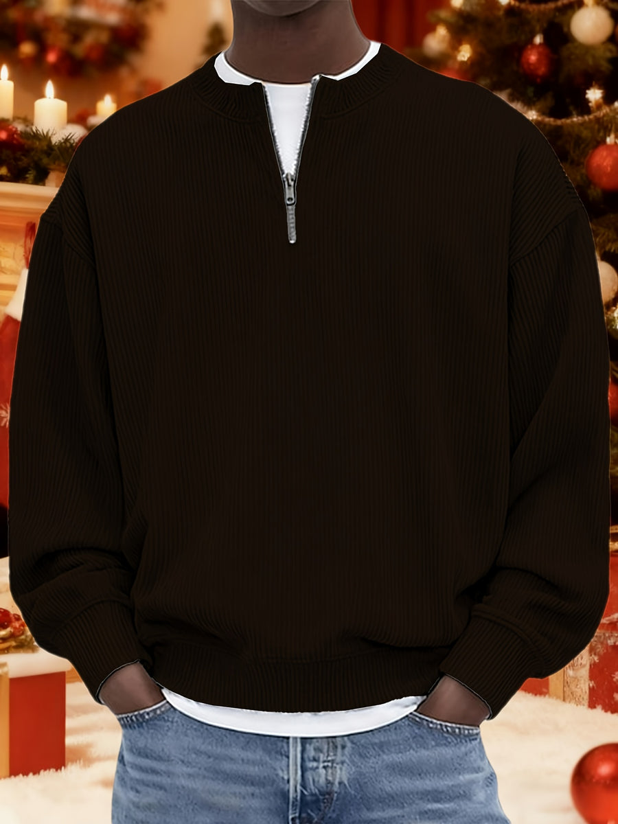 Men's Corduroy Half-Zip Knit Sweatshirt, Casual Versatile -Lined Long Sleeve Top, Autumn Winter Casual Loose Knitwear, Trendy Versatile Multiple Colors Available - Coffee Color